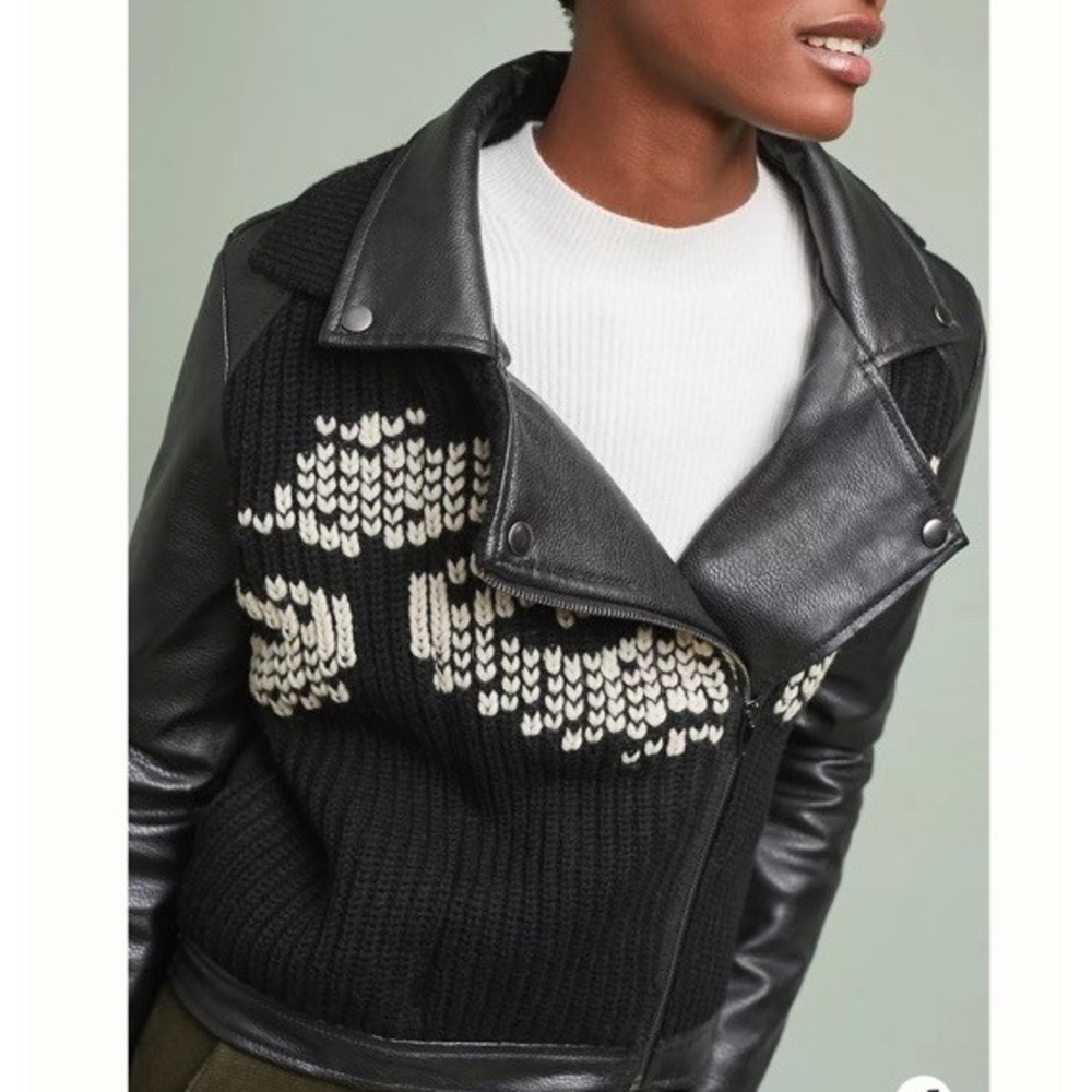 ETT:TWA Anthropologie Sweater Faux Leather Moto Jacket Wool Women‎ Medium PETITE